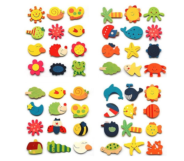 12pcs/lot  Wooden Refrigerator Magnet Fridge Stickers Animal Cartoon Colorful